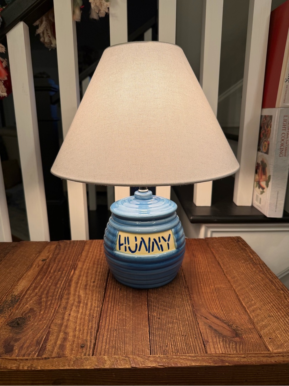 Vintage Winnie the Pooh “HUNNY” Pot Blue Ceramic Table Lamp with White Shade